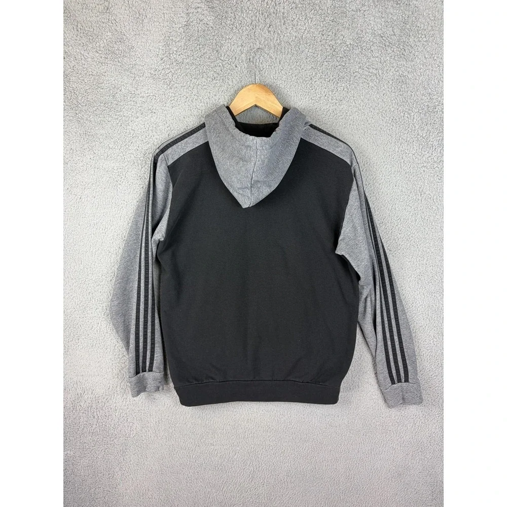 Adidas Hoodie Mens Small Black Gray 3-Stripes Pullover Kangaroo Pocket Mens